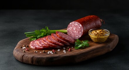 Sliced salami on wooden board with mustard and peppercorns