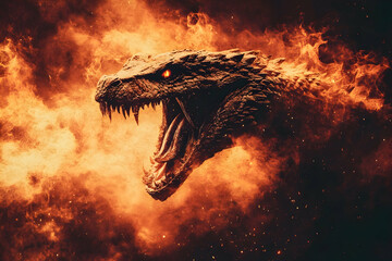 Terrifying depiction of a roaring creature in an intense fiery setting