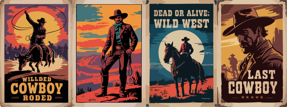 Epic Wild West Cowboy Posters – Rodeo, Lone Riders, Moonlit Cliffs & Gunslingers in Bold Silhouette Western Style