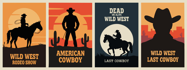 Epic Wild West Cowboy Posters – Rodeo, Lone Riders, Moonlit Cliffs & Gunslingers in Bold Silhouette Western Style