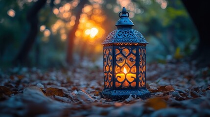 Illuminated lantern amidst autumn leaves at sunset.
