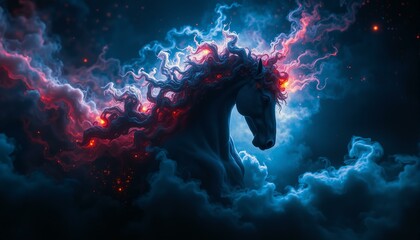 Swirling nebula of indigo, crimson, gold, and blue gases against a dark cosmic backdrop.