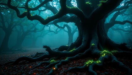 Ancient oak roots, moss, twilight forest, colossal trees, glowing fungi, misty scene, dark leaves.