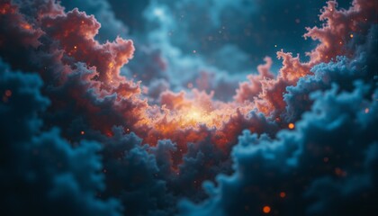 Obraz premium Swirling cosmic dust clouds display crimson, gold, and sapphire colors with a central star cluster.