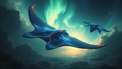 Alien spacecraft resembling manta rays float through a colorful nebula, bathed in golden light.