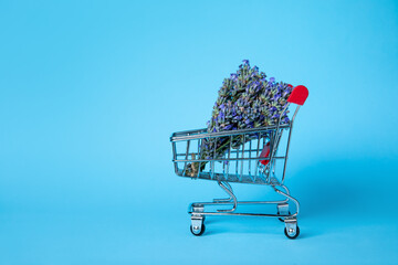 A small shopping cart filled with fresh lavender flowers set against a bright blue background,...