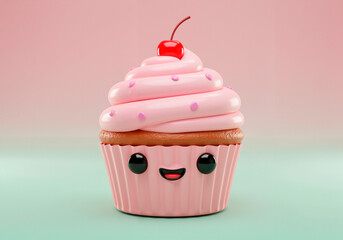 Cute smiling cupcake with cherry against a pastel background  