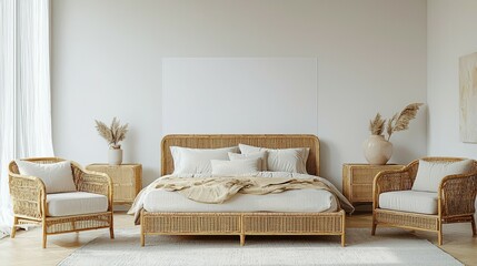 Coastal Bedroom Mockup Rattan Furniture and Blank Frames in Tranquil Interior, 3D Render