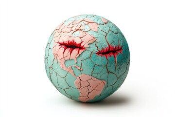 Cracked teal globe with bloody lips, symbolizing environmental damage and global crisis.
