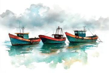 Watercolor Serenity: Three Fishing Boats at Sea - Tranquil watercolor painting of three fishing boats gently bobbing on calm waters under a cloudy sky. Symbolizing peace, serenity, coastal life