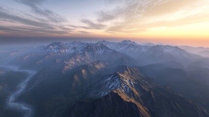 Breathtaking mountain range sunrise snow capped peak bathed golden light while winding river carves through misty valley below Hyper detailed rock texture cinematic depth flawless proportion ultra