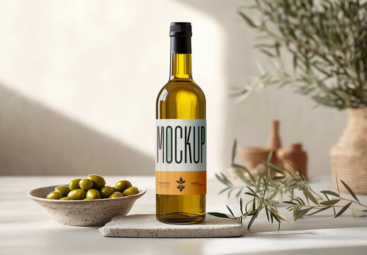 Rustic Olive Oil Bottle Mockup &ndash; Natural Mediterranean Branding Scene with Green Olives, Ceramic Bowl, and Realistic Glass Packaging on Soft Light Background