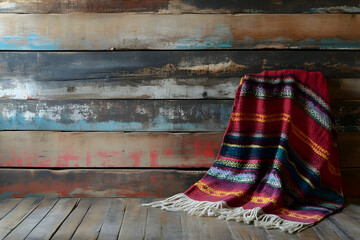 Traditional Mexican blanket on rustic wooden plank backdrop