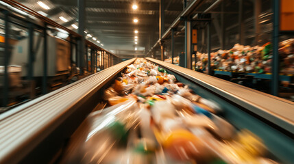 Industrial recycling belt, mixed materials in motion, waste focus