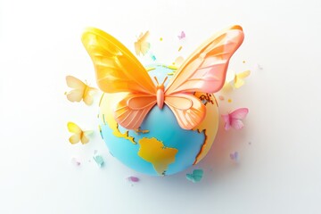 A vibrant, colorful butterfly rests gently on a globe, symbolizing environmental harmony and global interconnectedness.