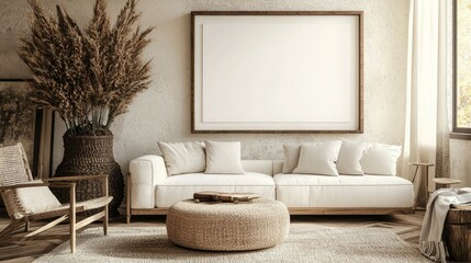 Farmhouse Living Room Interior with Mockup Frame - 3D Render
