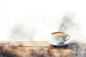 Watercolor Steam Coffee Cup on Wooden Table - Warm, cozy, comforting, relaxing, steaming hot coffee in a white cup, on a rustic wooden table. Represents morning routine, relaxation