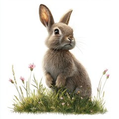 Obraz premium Cute fluffy rabbit sitting among colorful flowers with green grass in a bright and cheerful outdoor setting