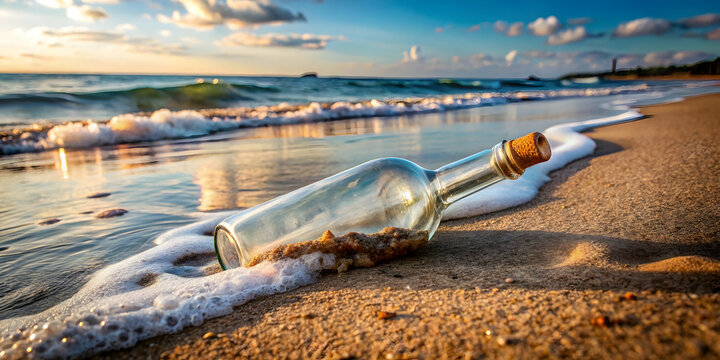 A glass bottle with a message inside, washed up on the beach