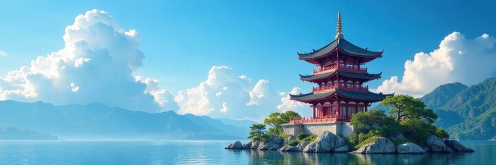 Majestic Chinese pagoda against vibrant blue sky with billowing white clouds, beautiful, architecture
