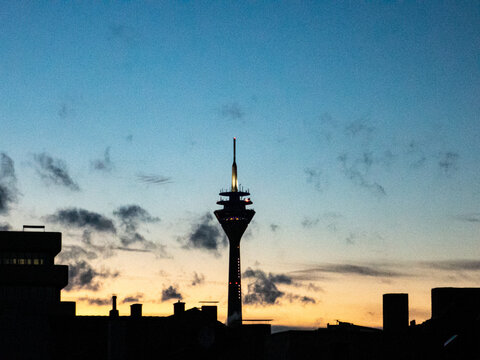 City panorama and TV tower on sunset, Dusseldorf