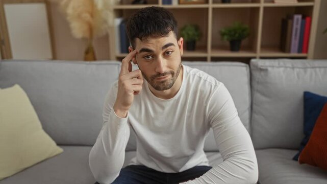Young man with gesture sitting indoors in living room, expressing thoughtfulness enjoying home comfort with casual relaxed atmosphere.