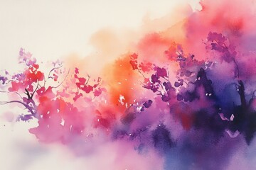 Watercolor Sunset Blossoms - A dreamy watercolor painting of flowering branches silhouetted against a vibrant sunset, symbolizing nature, tranquility, beauty, hope, and transformation