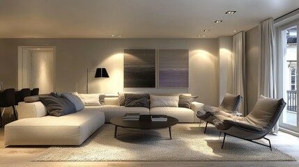 Luxury Living Room Interior Design Mockup Featuring Elegant Beige Sofa, Wooden Coffee Table, Abundant Greenery and Stylish Rattan Accents with Green Wall Paneling Modern Home Decor