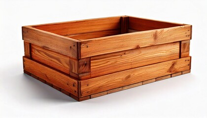 An empty wooden crate with subtle texture and soft shadow isolated on white background