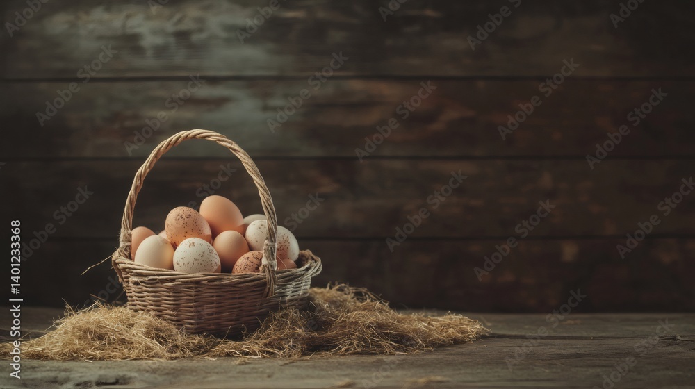 Aufkleber wicker basket full of fresh organic chicken eggs is placed on a bed of straw on a rustic wooden tabl