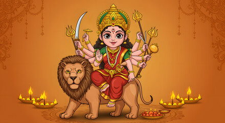 Naklejka premium Durga Puja: Goddess Durga Riding a Lion