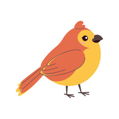 Bright and cute orange-yellow bird with crest, standing on white background. Flat vector illustration for kids’ projects, prints, stickers, and educational materials.