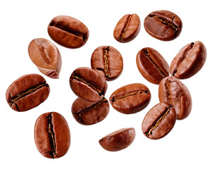 Obraz premium Coffee beans flying isolated on isolated png background. Generative AI. 