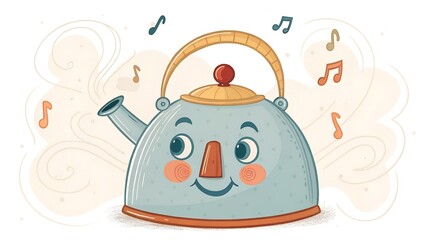 Cartoon kettle singing joyfully with musical notes in a whimsical style  