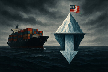 Cargo ship approaches iceberg with American flag, symbolizing hidden economic threats and global trade risks.