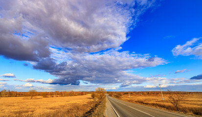 A road with a few trees in the background and a cloudy sky