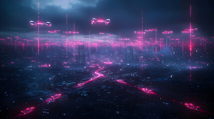 Obraz premium Neon Pink Futuristic Night Cityscape Aerial View