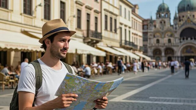 Tourist man wearing a hat reads a map standing in a bustling historic european city square, navigating his journey through the old town, representing travel and city exploration
