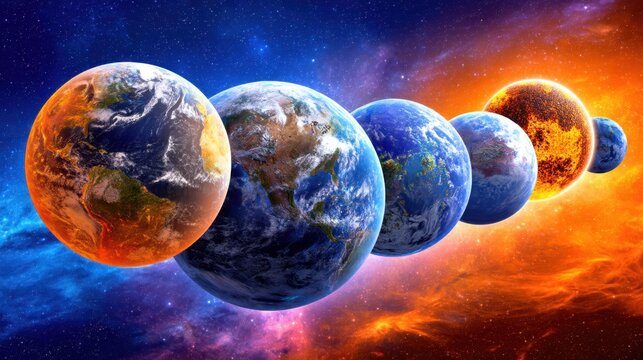 Vibrant Animation of Diverse Evolving Planets in Cosmic Space
