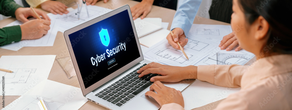 Poster cyber security system on computer screen protect private information brisk from hacker and cyber att