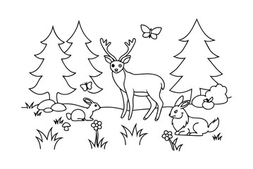 Deer And Rabbits In Forest Coloring Page Illustration For Children