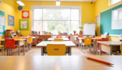 Bright Classroom Interior with Colorful Furniture and Natural Light for Educational Content, Classroom Design Blogs, and School Awareness Campaigns