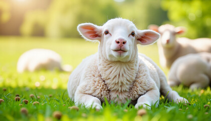Naklejka premium Sheep Relaxing in Green Pasture with Soft Focus on Background for Farm Blogs, Animal Welfare Education, Nature Awareness, and Social Media Content