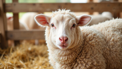 Fluffy Sheep with Curly Wool in Farm Setting for Agriculture Blogs, Animal Awareness Websites, Sustainable Farming Articles, and Nature Photography Content