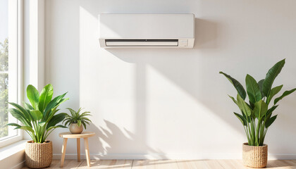 Modern Air Conditioning Unit in Minimalist Living Room with Natural Light for Home Decor Blogs, Interior Design Websites, and Energy Efficiency Awareness Campaigns