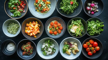 Colorful Array of Fresh Vegetables and Ingredients in Bowls on Dark Surface, Vibrant Food Display