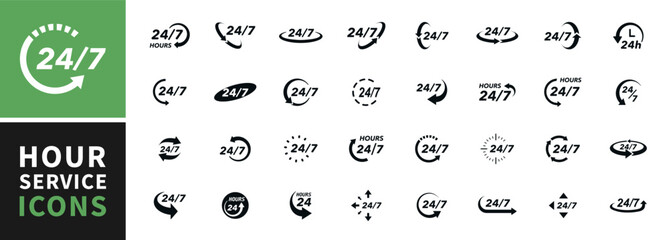 24 7 icon set. The 24 hour service is open 24 hours a day, 7 days a week. Simple illustration set of 24-7 elements, can be used in logo, ui and web design. 24-7 service concept. Vector illustration.
