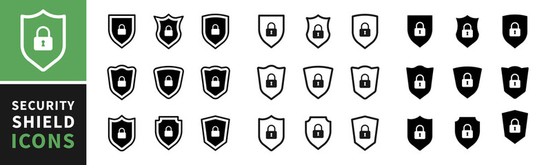 Security shield icons set, security screens logos with checkbox and lock. Shield signs collection. Security shield symbols. Vector illustration.