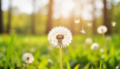 Dandelion Seeds Blowing in the Wind with Dreamy Background for Nature Blogs, Environmental Websites, Wellness Content, and Inspirational Art