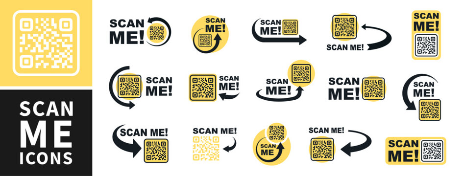 QR code scan for smartphone. Qr code frame vector set. Template scan me Qr code for smartphone. QR code for mobile app, payment and phone. Scan me phone tag. Vector illustration.